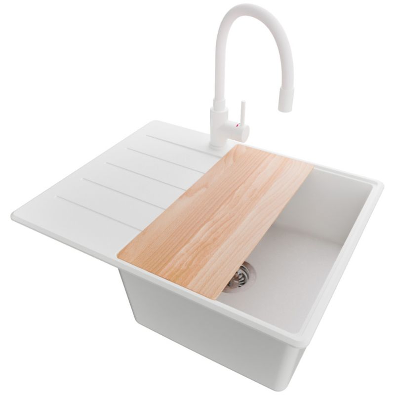 Zlewozmywak Granitowy Kopenhaga PRIMAGRAN Nablatowy 62x50cm do szafki od 45cm, Biały + Bateria + Syfon + Deska, S273, 1 szt.