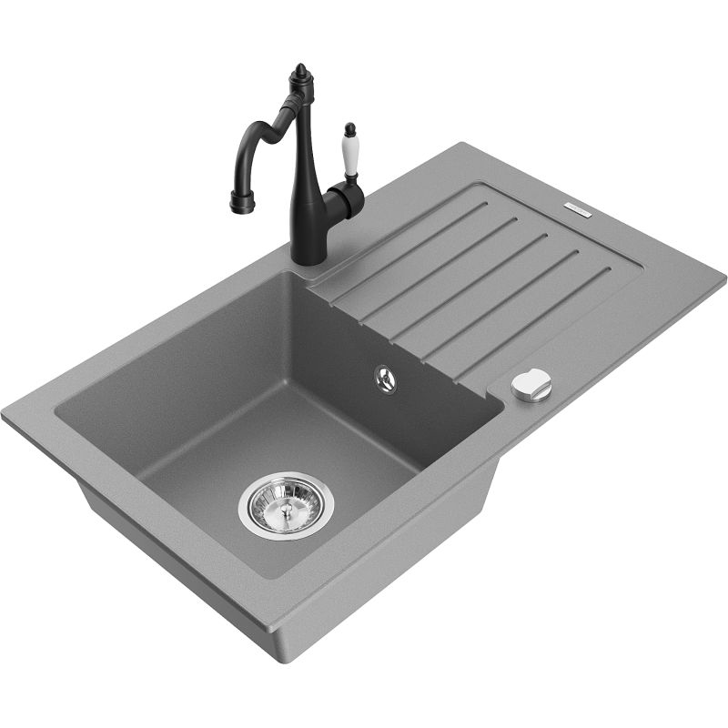 Zlewozmywak granitowy 1-komorowy Mexen Pablo z ociekaczem i baterią kuchenną Carla szary 6510-71-670700-70