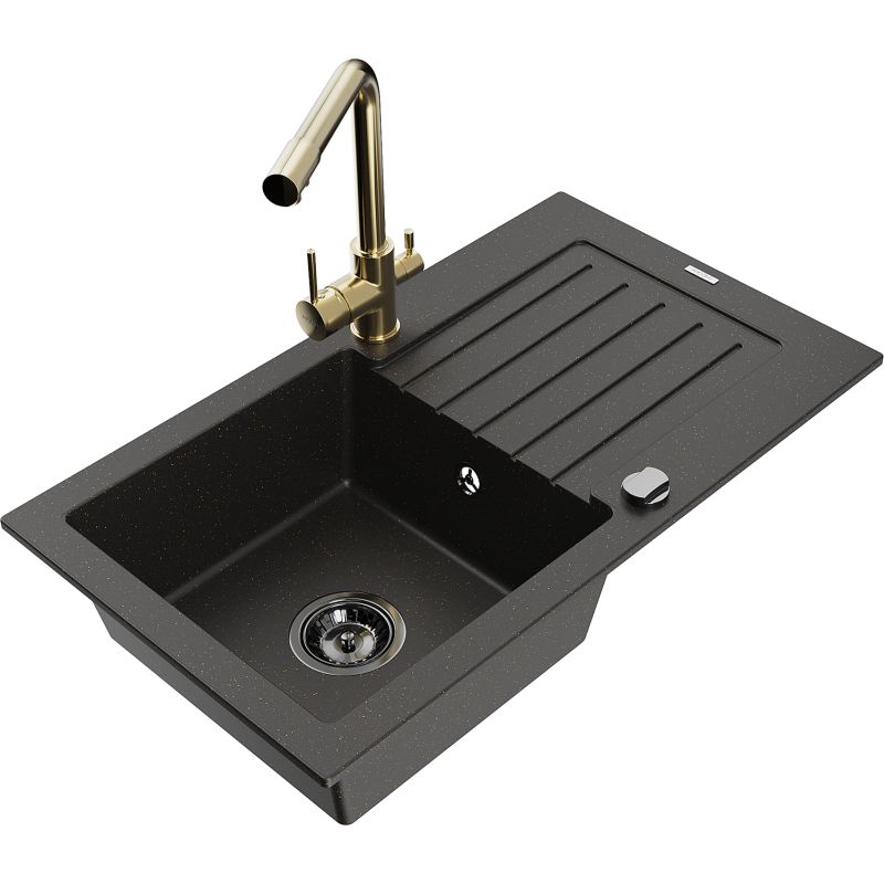 Zlewozmywak granitowy 1-komorowy Mexen Pablo z ociekaczem i baterią kuchenną Duero czarny/złoty metalik 6510-75-671600-50-B