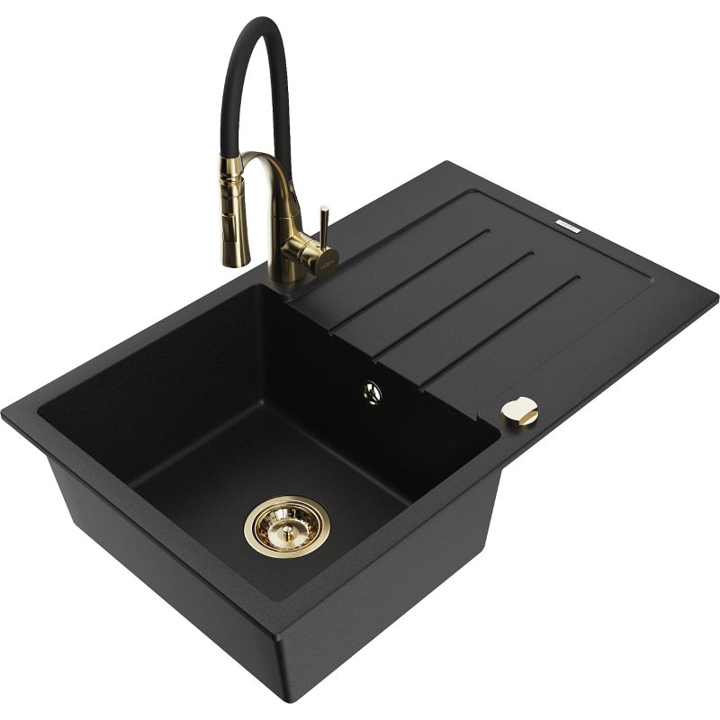 Zlewozmywak granitowy 1-komorowy Mexen Bruno z ociekaczem i baterią kuchenną Aster czarny 6513-77-73450-57-G