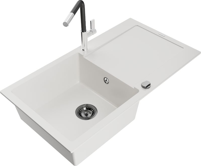 Zlewozmywak granitowy Mexen Leo 1-komorowy z ociekaczem i baterią kuchenną Flora biały - 6501-20-670401-02 1 szt.