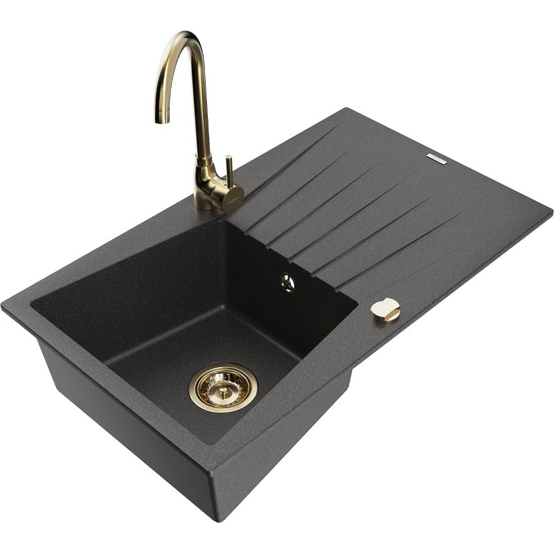 Zlewozmywak granitowy 1-komorowy Mexen Cesar z ociekaczem i baterią kuchenną Telma czarny nakrapiany 6514-76-670200-50