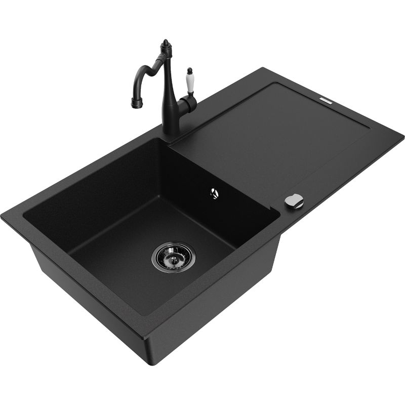 Zlewozmywak granitowy 1-komorowy Mexen Leo z ociekaczem i baterią kuchenną Carla czarny 6501-77-670700-70-B