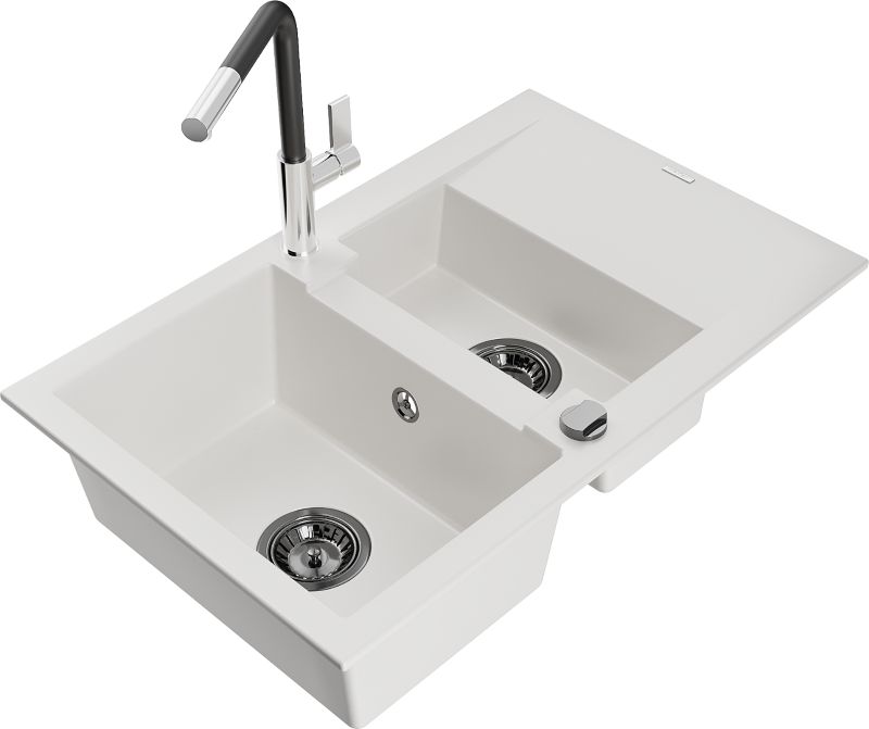 Zlewozmywak granitowy Mexen Gaspar 1,5-komorowy z ociekaczem i baterią kuchenną Flora biały 6507-20-670401-07-B