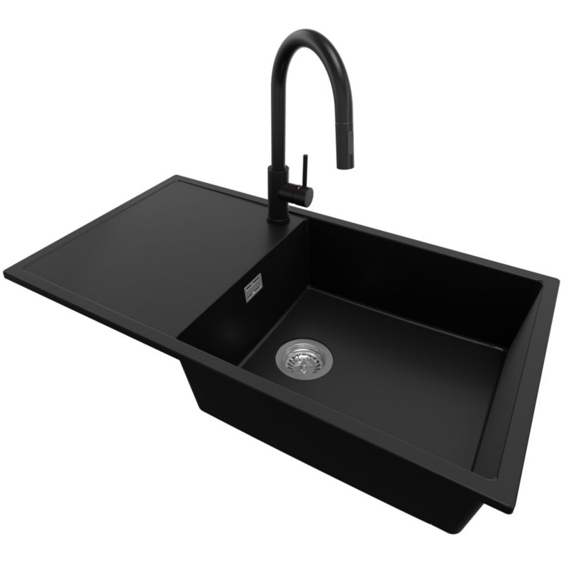 Zlewozmywak Granitowy Ibiza PRIMAGRAN Nablatowy 90x50cm do szafki od 60cm, Czarny + Bateria 40x20cm + Syfon, S059, 1 szt.