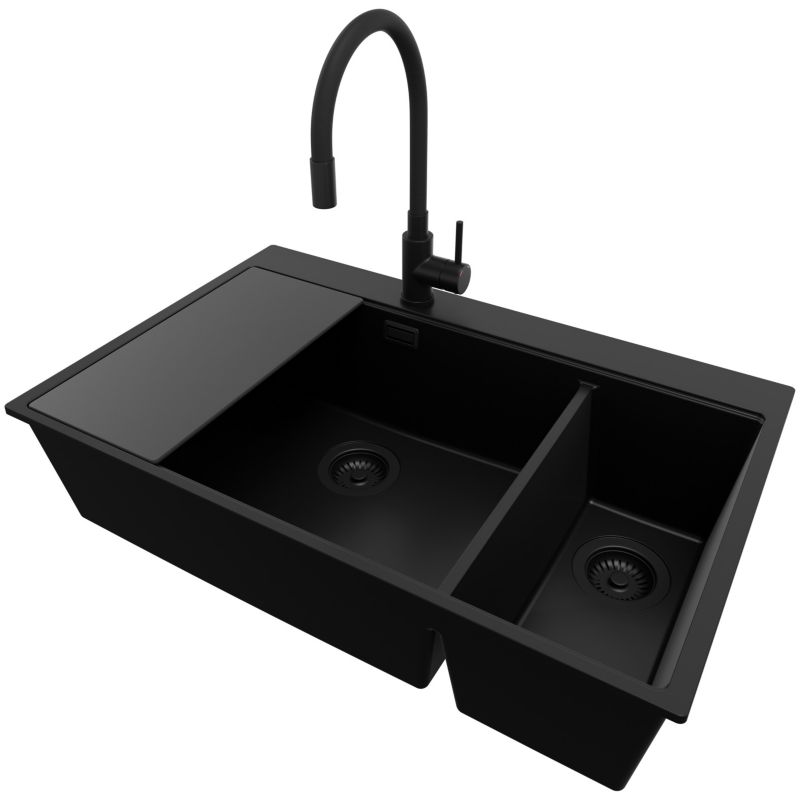 Zlewozmywak Granitowy Oslo Duo PRIMAGRAN Nablatowy 78x50cm do szafki od 80cm, Cały Czarny + Bateria + Syfon + Deska, S110, 1 szt.