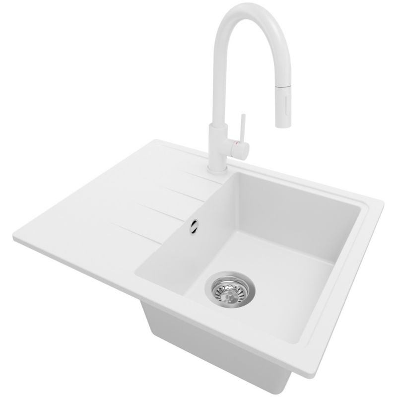 Zlewozmywak Granitowy Mediolan PRIMAGRAN Nablatowy 62x50cm do szafki od 40cm, Biały + Bateria 40x20cm + Syfon, S017, 1 szt.