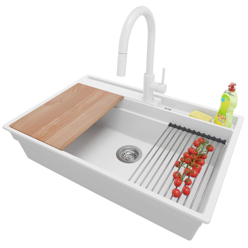 Zlewozmywak Granitowy Oslo Pocket PRIMAGRAN Nablatowy 78x53cm, Biały + Bateria + Syfon + Akcesorium, S346, 1 szt.