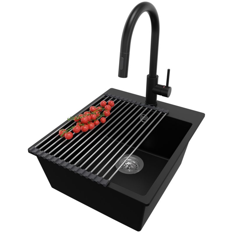 Zlewozmywak Granitowy Ryga PRIMAGRAN Nablatowy 43x50cm do szafki od 45cm z Syfonem i Baterią i Dodatkiem Czarny 1 szt.