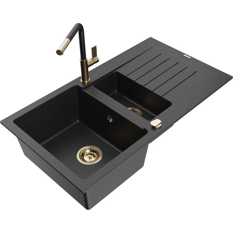 Zlewozmywak granitowy 1.5-komorowy Mexen Matias z ociekaczem i baterią kuchenną Flora czarny/srebrny 6502-73-670401-57-G