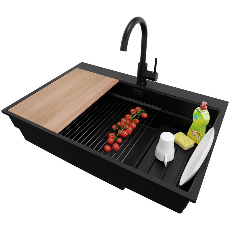 Zlewozmywak Granitowy Oslo Max PRIMAGRAN Nablatowy 78x53cm, Cały Czarny + Bateria + Syfon + Akcesorium, S114, 1 szt.