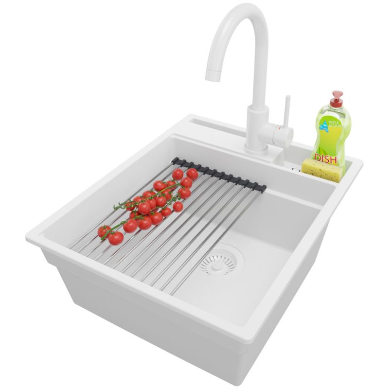 Zlewozmywak Granitowy Oslo Pocket PRIMAGRAN Nablatowy 43x53cm do szafki od 45cm z Syfonem i Baterią i Dodatkiem Cały Biały 1 szt.
