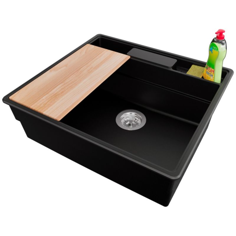 Zlewozmywak Nowy Jork PRIMAGRAN Nablatowy 58x53cm do szafki od 60cm, Czarny + Syfon + Akcesoria, S035, 1 szt.