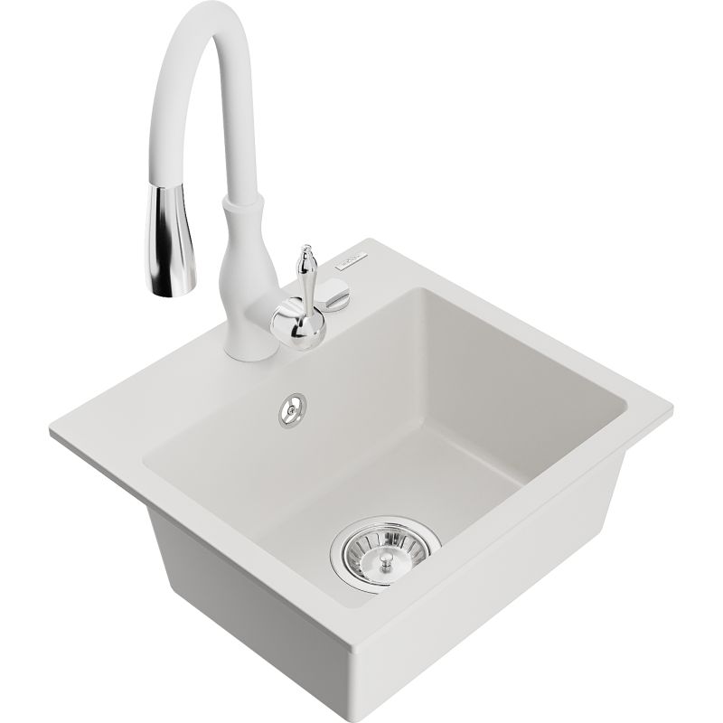 Zlewozmywak granitowy 1-komorowy Mexen Milo z baterią kuchenną Savita biały 6505-20-672601-20