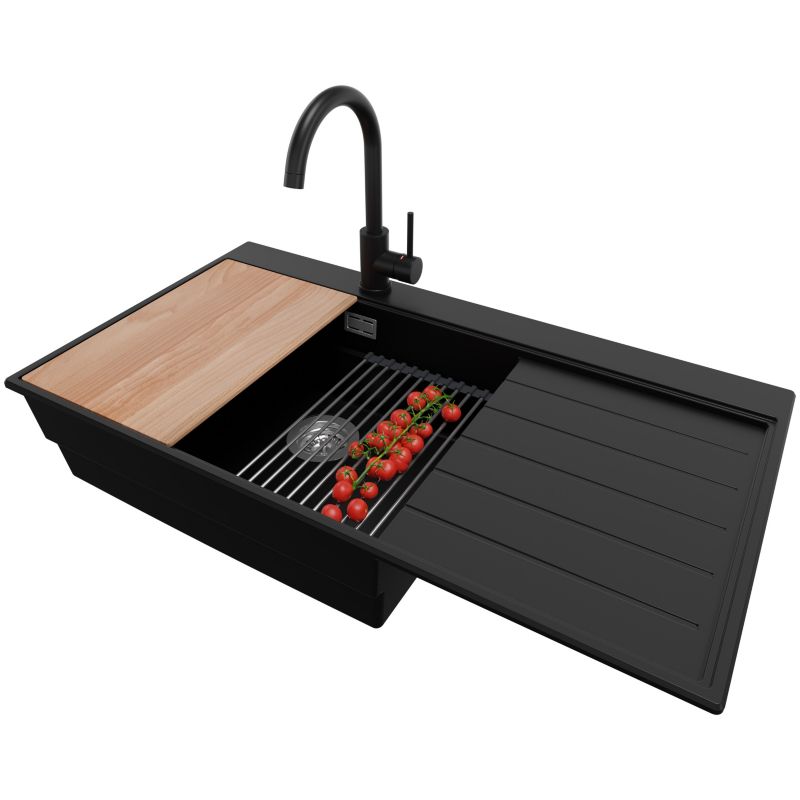 Zlewozmywak Granitowy Sydney PRIMAGRAN Nablatowy 90x50cm do szafki od 60cm, Czarny + Bateria + Syfon + Akcesoria, S464, 1 szt.