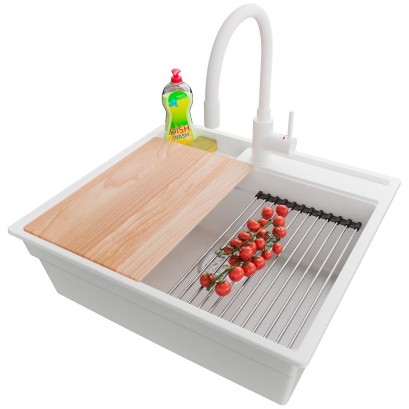 Zlewozmywak Granitowy Oslo Pocket PRIMAGRAN Nablatowy 58x53cm, Biały + Bateria + Syfon + Akcesorium, S230, 1 szt.