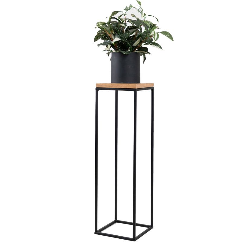 Kwietnik stojący metalowy pojedynczy średni M rozm. 19x19x64 cm Loft e-floor czarny półka deska laminowana dąb 1 szt