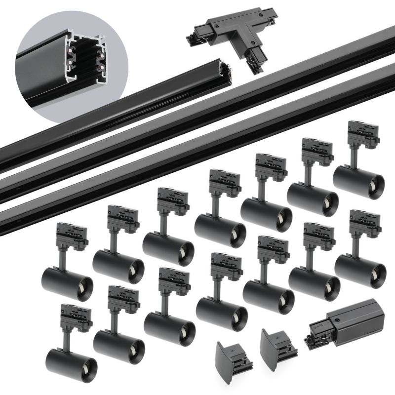 Zestaw szynowy 3-fazowe Kobi szyna 1m+2m+2m, 14x Lampa, łącznik T czarny 1kpl.