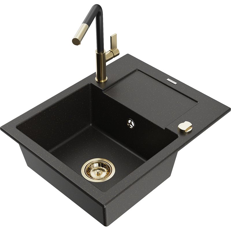 Zlewozmywak granitowy 1-komorowy Mexen Enzo z ociekaczem i baterią kuchenną Flora czarny/złoty metalik 6506-75-670401-57-G