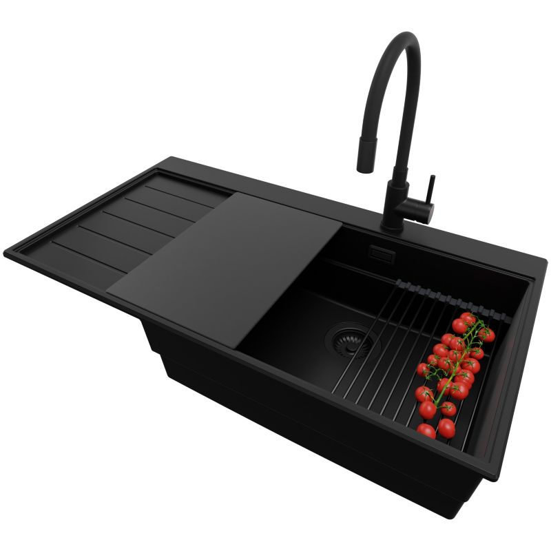 Zlewozmywak Granitowy Sydney PRIMAGRAN Nablatowy 90x50cm, Cały Czarny + Bateria + Syfon + Akcesorium, S432, 1 szt.