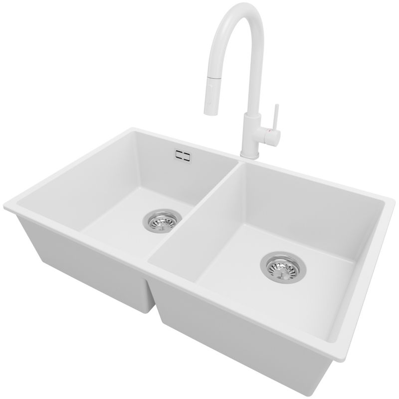 Zlewozmywak podblatowy Londyn Twin PRIMAGRAN 76x47cm do szafki od 80cm, Biały + Bateria 40x20cm + Syfon, S021, 1 szt.