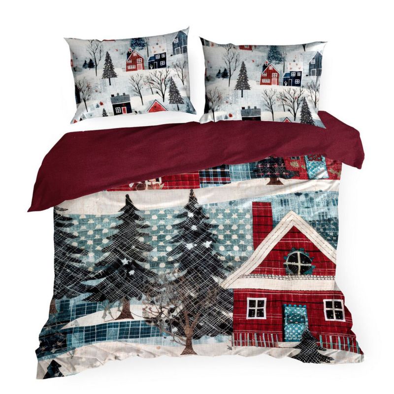 Pościel Świąteczna Eurofirany Kolorowa Domki Choinki 160X200 cm 3 szt.