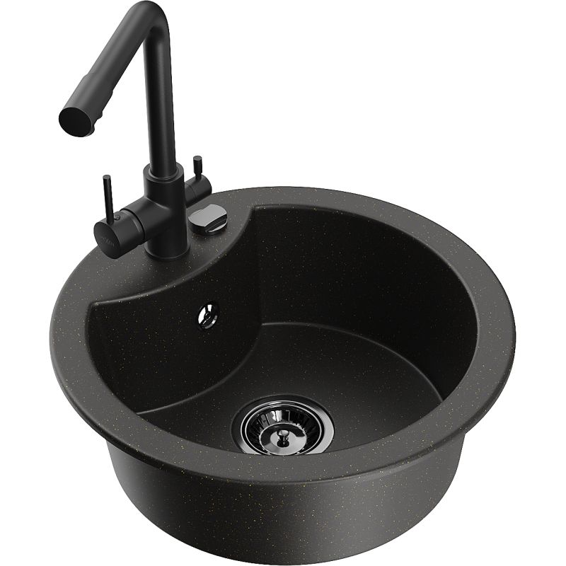 Zlewozmywak granitowy 1-komorowy Mexen Diego z baterią kuchenną Duero czarny/złoty metalik 6512-75-671600-70-B