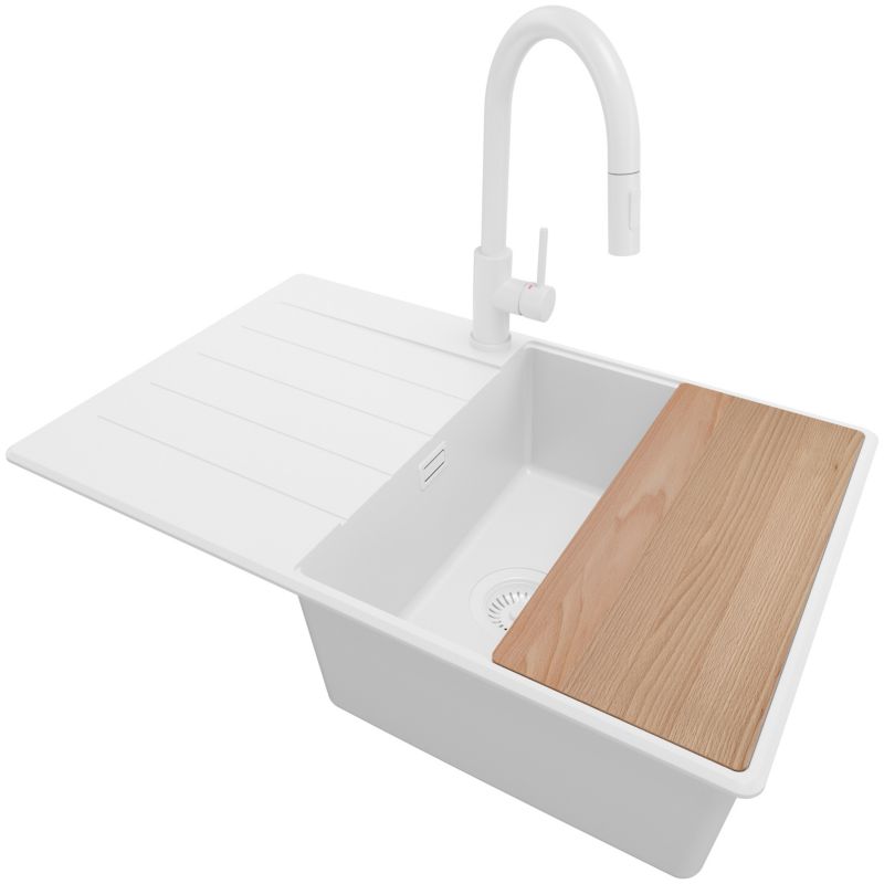 Zlewozmywak Granitowy Kopenhaga PRIMAGRAN Nablatowy 78x50cm do szafki od 50cm, Cały Biały + Bateria + Syfon + Deska, S548, 1 szt.