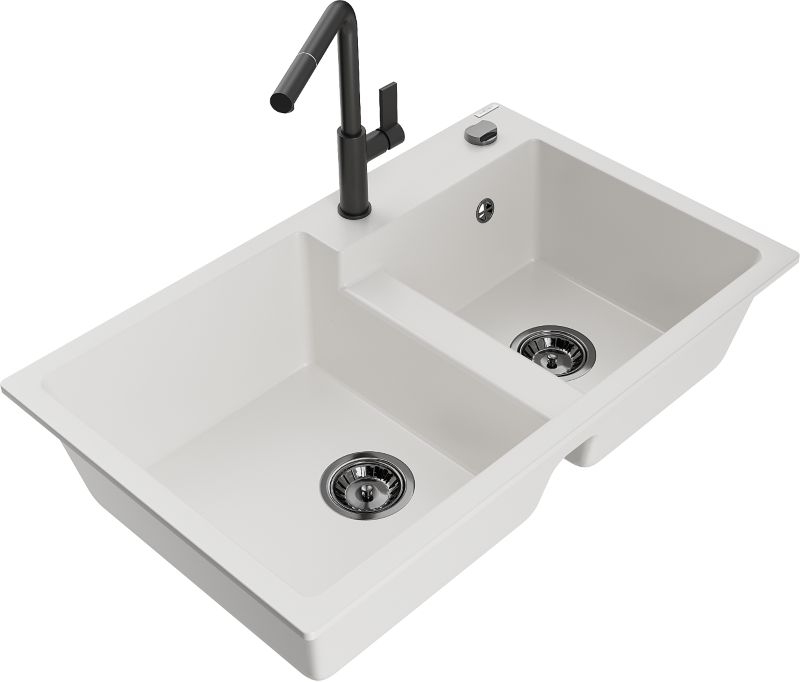Zlewozmywak granitowy Mexen Tomas 2-komorowy z baterią kuchenną Flora biały - 6516-20-670401-57-B 1 szt.