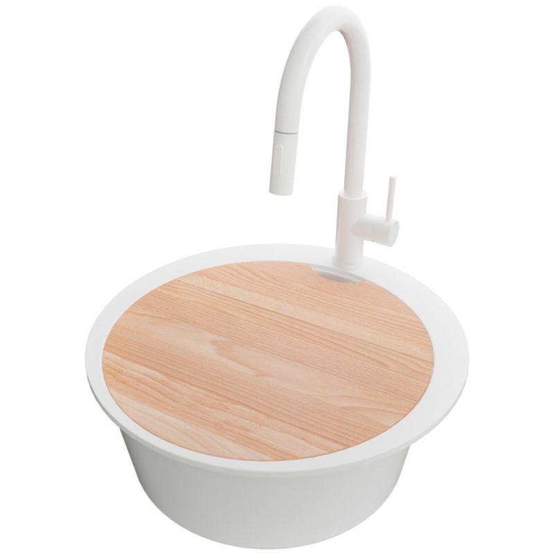 Zlewozmywak Granitowy Okrągły Piza Max PRIMAGRAN Nablatowy 53x53cm, Cały Biały + Bateria + Syfon + Akcesorium, S056, 1 szt.