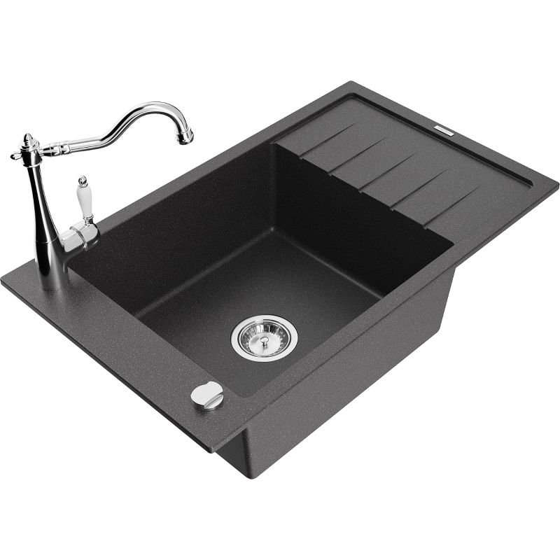 Zlewozmywak granitowy 1-komorowy Mexen Elias z ociekaczem i baterią kuchenną Carla czarny nakrapiany - 6511-76-670700-76 1 szt.