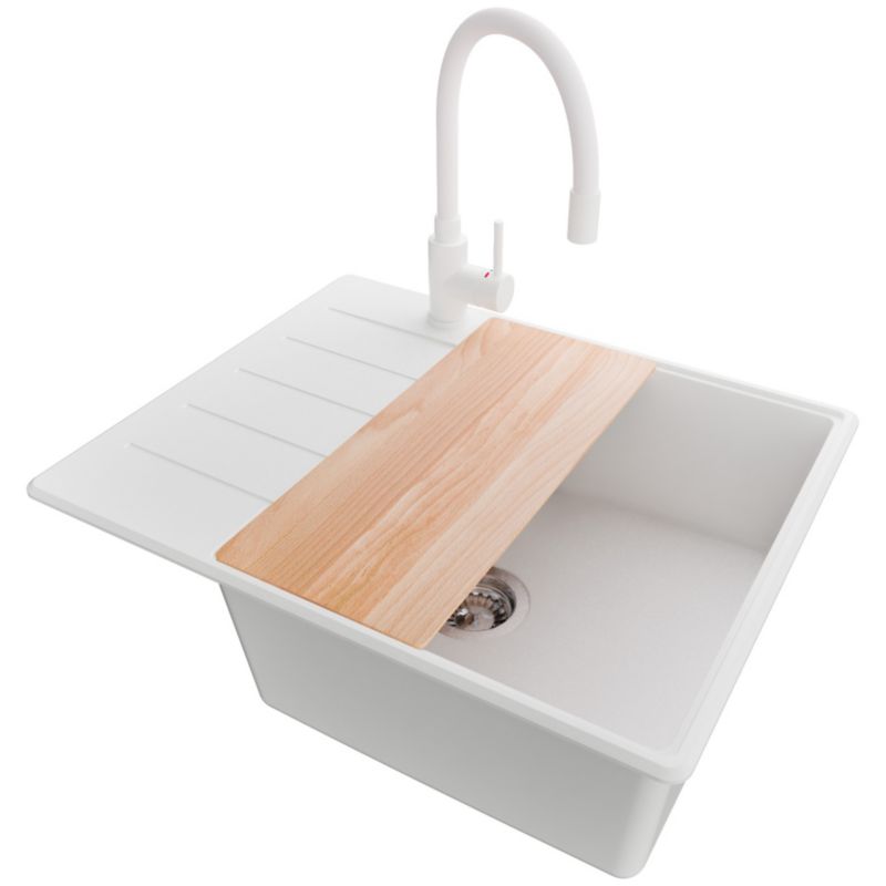 Zlewozmywak Granitowy Kopenhaga PRIMAGRAN Nablatowy 62x50cm do szafki od 50cm, Biały + Bateria + Syfon + Deska, S461, 1 szt.