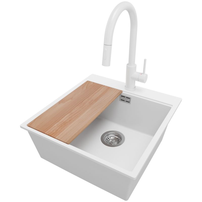 Zlewozmywak Granitowy Oslo PRIMAGRAN Nablatowy 48x50cm do szafki od 50cm, Biały + Bateria 40x20cm + Syfon + Deska, S313, 1 szt.