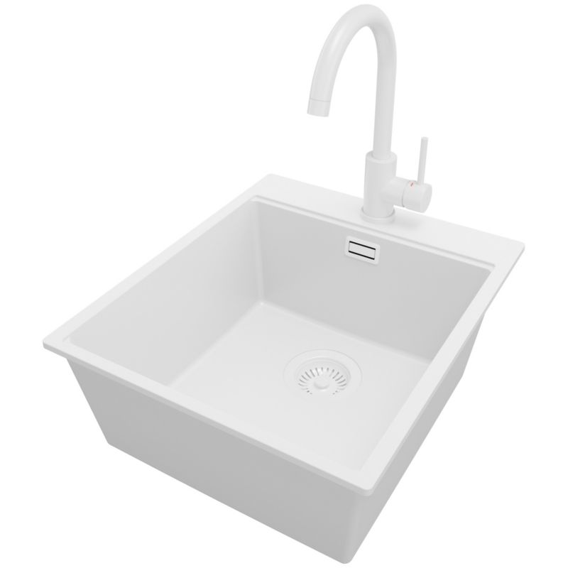 Zlewozmywak Granitowy Oslo PRIMAGRAN Nablatowy 43x50cm do szafki od 45cm z Syfonem i Baterią Cały Biały 1 szt.