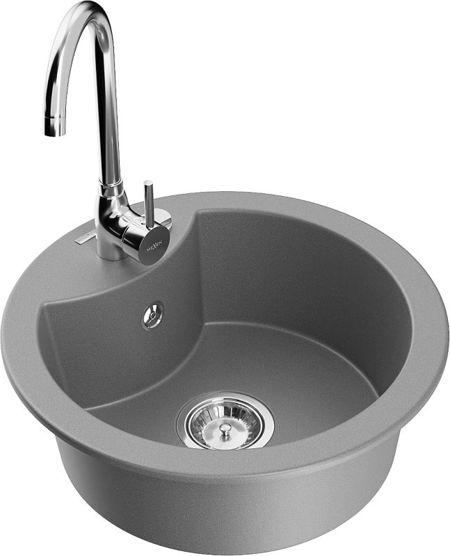 Zlewozmywak granitowy Mexen Diego 1-komorowy z baterią kuchenną Telma szary 6512-71-670200-00