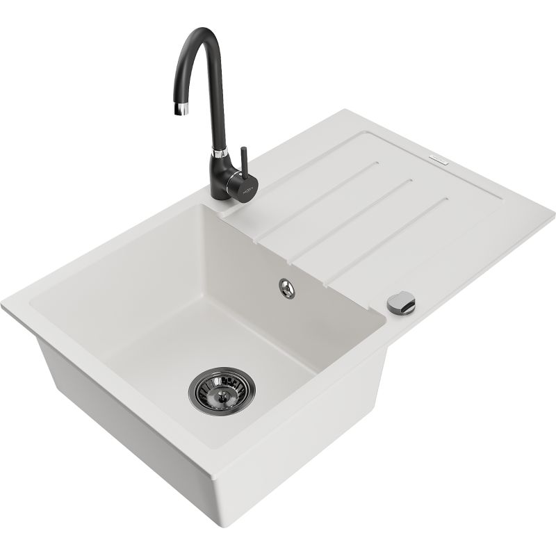 Zlewozmywak granitowy 1-komorowy Mexen Bruno z ociekaczem i baterią kuchenną Telma biały 6513-20-670200-70
