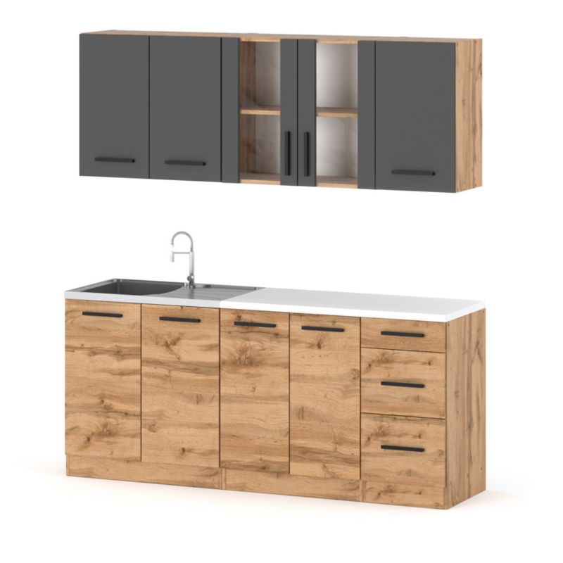 Zestaw Kuchenny Hurtownia-Mebli Z Blatem Kuchnia Rest 200cm Dąb Wotan Szary Mat/Dąb Wotan 200x47x145 cm 1szt.