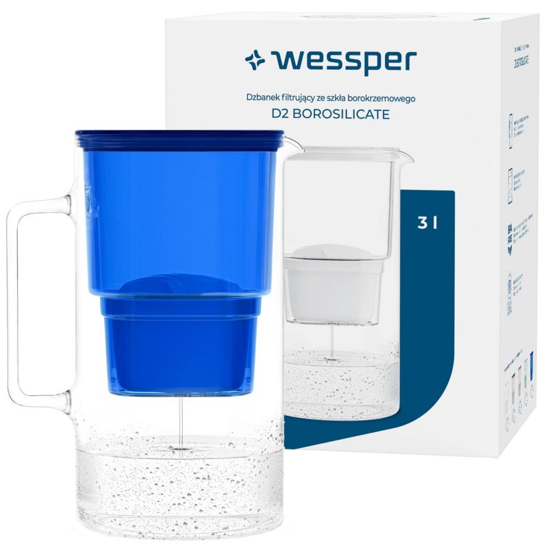 Dzbanek filtrujący wodę 3l, Wessper D2 Borosilicate, szklany, granatowy + 1x filtr do wody Wessper, 2szt