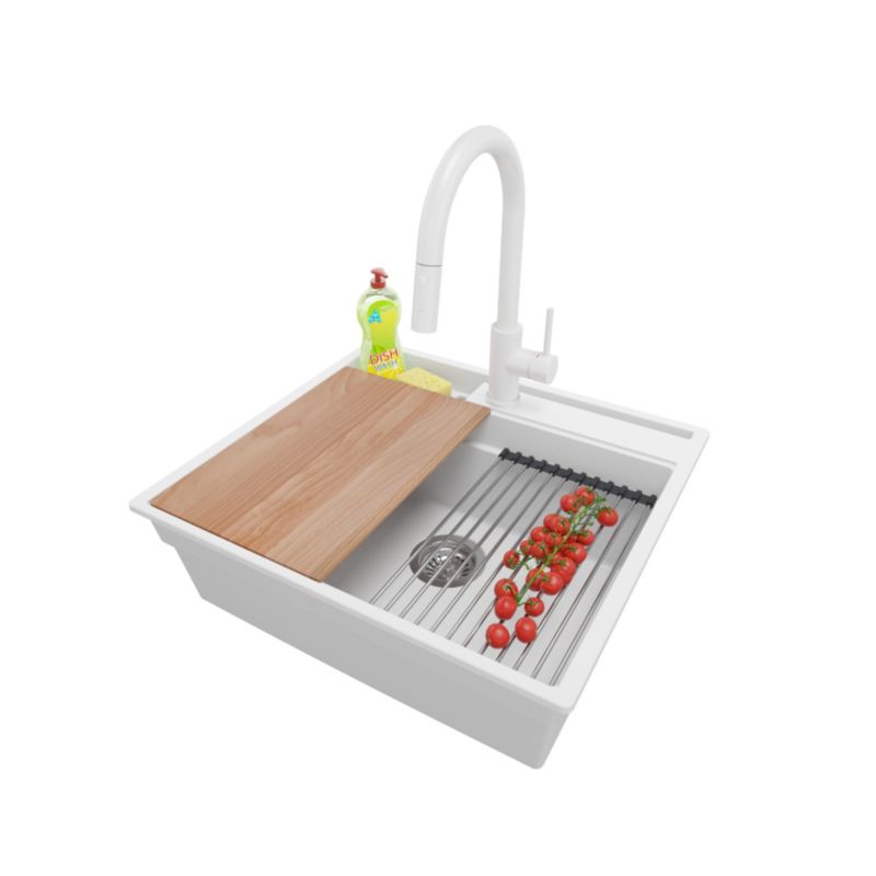 Zlewozmywak Granitowy Oslo Pocket PRIMAGRAN Nablatowy 58x53cm, Biały + Bateria + Syfon + Akcesorium, S226, 1 szt.