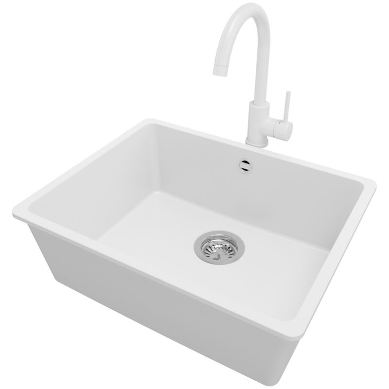 Zlewozmywak Granitowy Wenecja Slim Easy PRIMAGRAN Nablatowy 56x44cm do szafki od 60cm, Biały + Bateria + Syfon, S073, 1 szt.