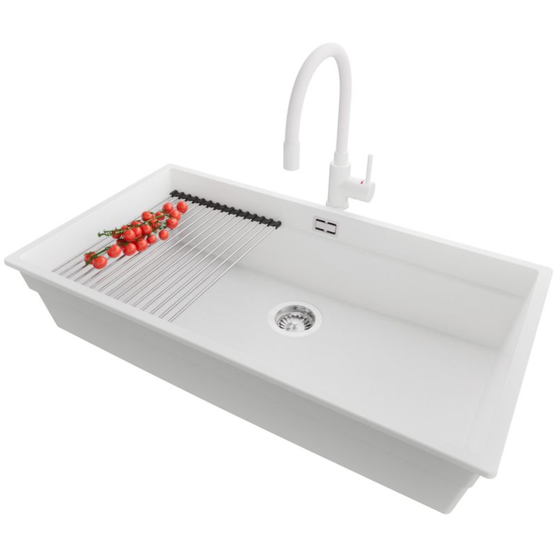 Zlewozmywak podblatowy Praga PRIMAGRAN 86x47cm do szafki od 90cm, Biały + Bateria + Syfon + Zwijany ociekacz, S685, 1 szt.