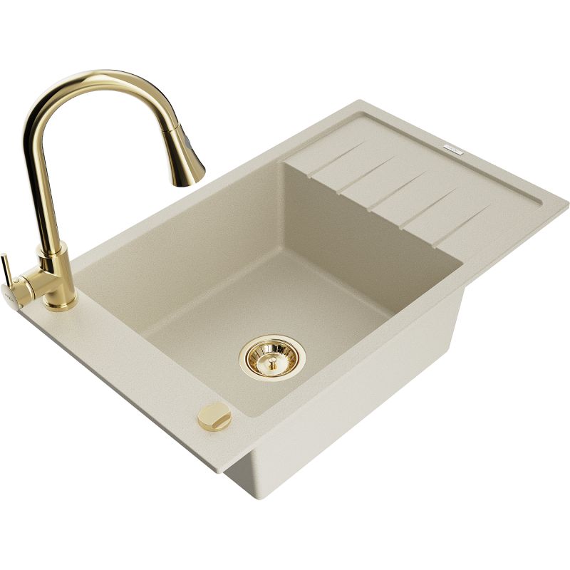 Zlewozmywak granitowy 1-komorowy Mexen Elias z ociekaczem i baterią kuchenną Elia beżowy - 6511-69-670101-00 1 szt.