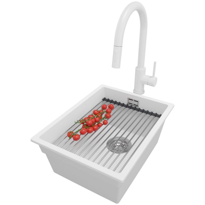 Zlewozmywak podblatowy Praga PRIMAGRAN 36x47cm do szafki od 40cm, Biały + Bateria + Syfon + Zwijany ociekacz, S062, 1 szt.