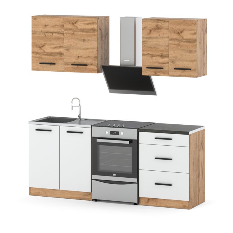 Zestaw Kuchenny Hurtownia-Mebli Z Blatem Kuchnia Mini Mokka 200cm Dąb Wotan Dąb Wotan/Biały Mat 200x47x145 cm 1szt.