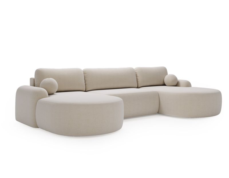 Narożnik w kształcie U Bettso Cloudy w tkaninie typu baranek z zaokrąglonym bokiem i poduszkami dekoracyjnymi kremowy 1szt.