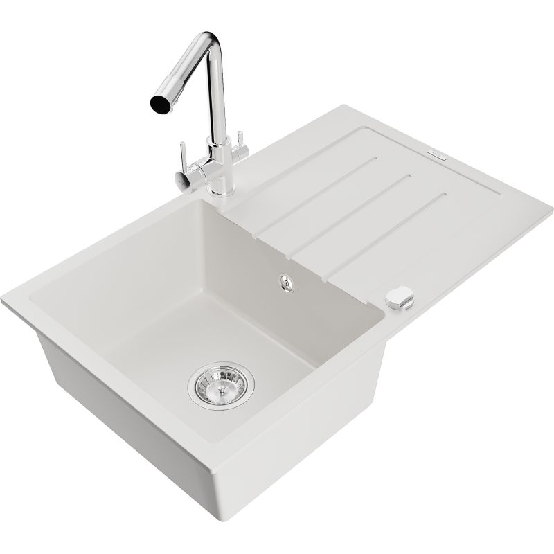 Zlewozmywak granitowy 1-komorowy Mexen Bruno z ociekaczem i baterią kuchenną Duero biały 6513-20-671600-00