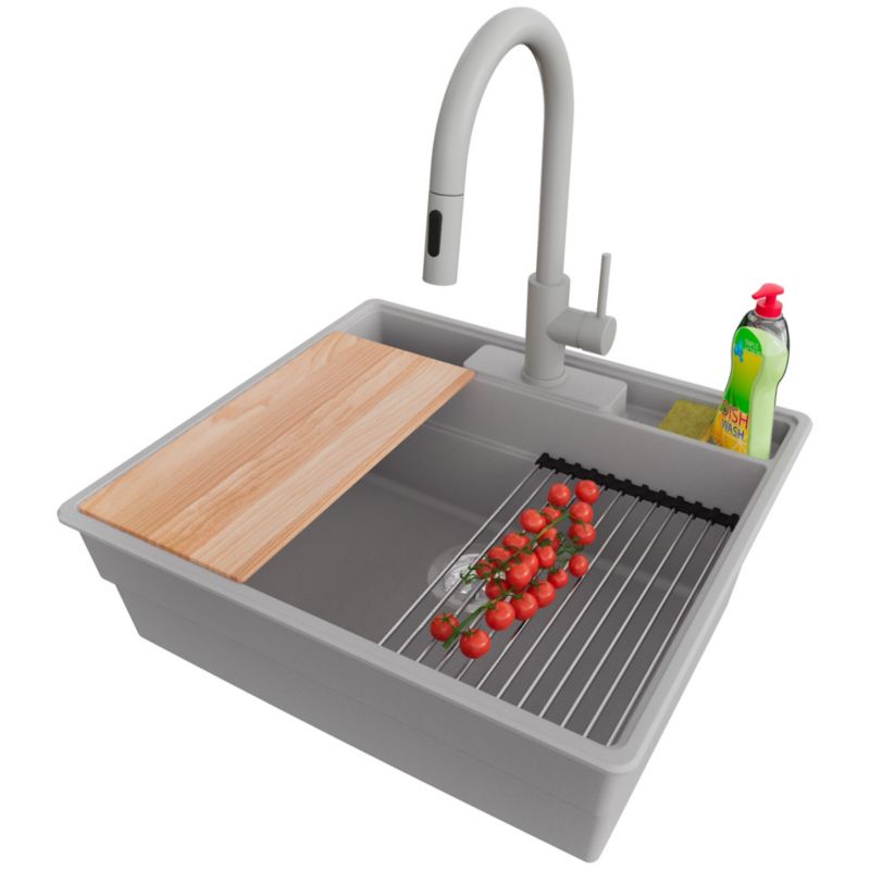 Zlewozmywak Granitowy Nowy Jork PRIMAGRAN Nablatowy 58x53cm do szafki od 60cm, Szary + Bateria + Syfon + Akcesoria, S047, 1 szt.