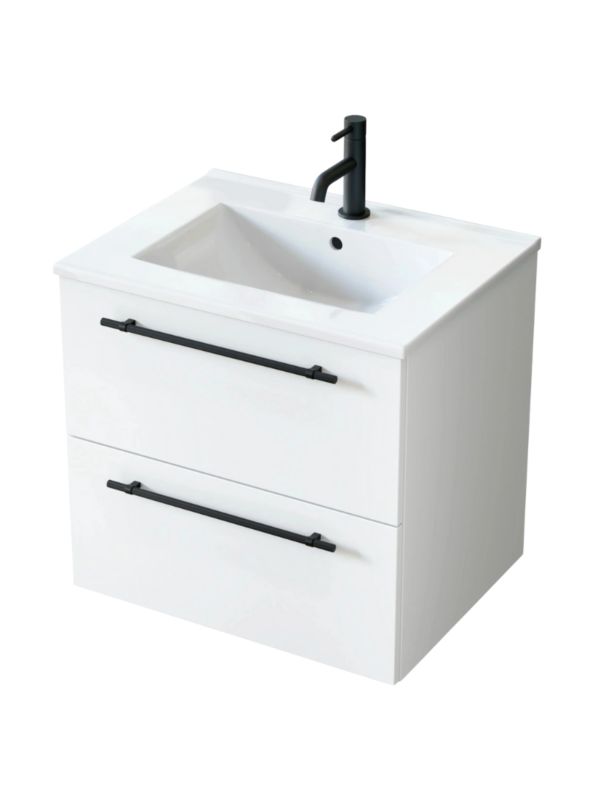 Zestaw szafka łazienkowa z umywalką ceramiczną Uptrend NAVA 60 0D2S Biały Mat - uchwyt czarny mat 1 kpl.