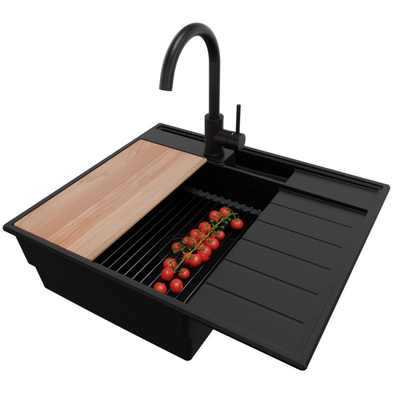 Zlewozmywak Granitowy Sydney Pocket PRIMAGRAN Nablatowy 62x53cm, Cały Czarny + Bateria + Syfon + Akcesorium, S090, 1 szt.