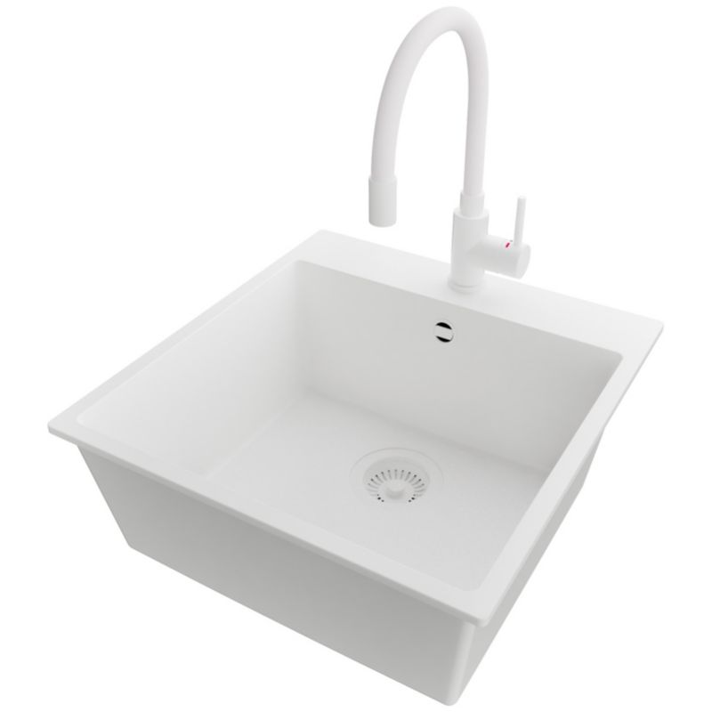 Zlewozmywak Granitowy Ryga PRIMAGRAN Nablatowy 48x50cm do szafki od 50cm, Cały Biały + Bateria 38x14cm + Syfon, S244, 1 szt.